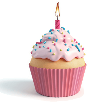Pink frosted cupcake with colorful sprinkles and a lit candle. png