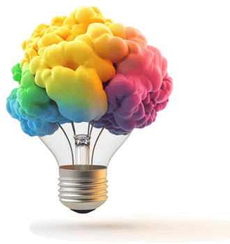 Colorful brain shaped clouds encircle an incandescent lightbulb. png