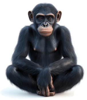 Chimpanzee in a seated pose, facing forward. png