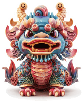 Vibrant, stylized dragon figurine, embodying auspiciousness and joy. png