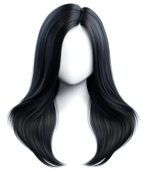 Long, sleek black hair styled on a mannequin head. png