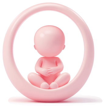 Pink figure seated within a circular frame, symbolizing containment. png