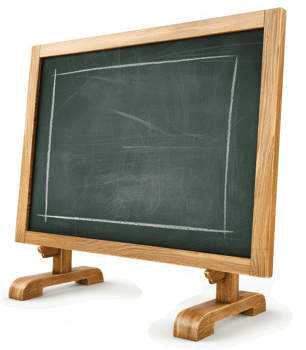 Empty wooden-framed chalkboard stands upright. png