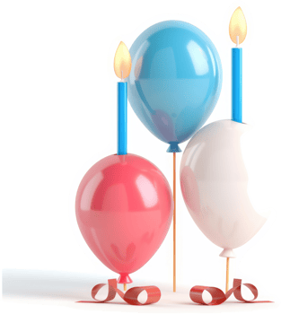 Three colorful balloons with birthday candles, a celebratory display. png
