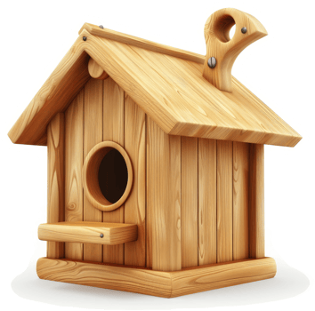 Wooden birdhouse with a decorative roof design. png