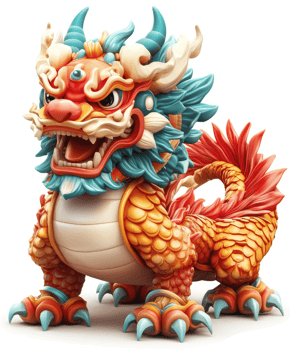 Ornate chinese guardian lion figurine, vibrant in color. png