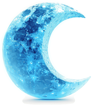 A vibrant, light-blue crescent moon, rendered in a stylized manner. png