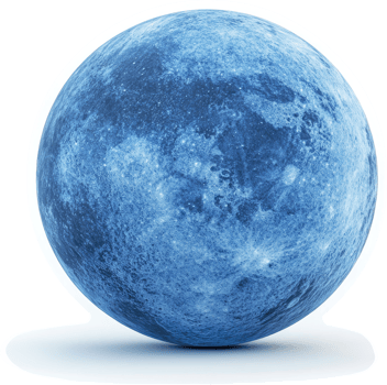 Full, stylized, blue moon orb against white. png