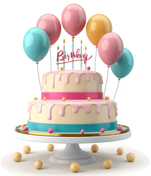 Festive two-tiered birthday cake with balloons and candles. png