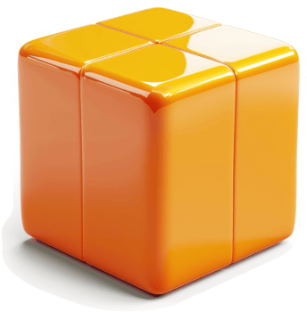 Bright, glossy orange cube with mirrored surfaces. png