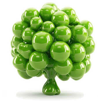 Lush green stylized tree formed from many glossy spheres. png