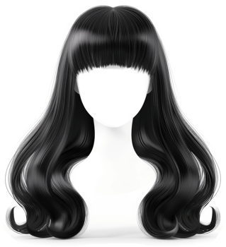 Stylish, voluminous black wig with bangs. png