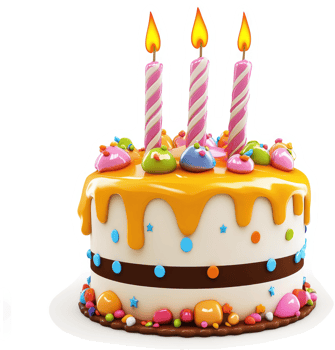 Vibrant birthday cake with three candles. png