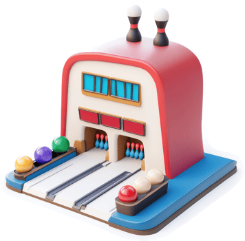 Cartoonish bowling alley structure with bowling pins and balls. png