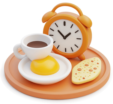 Morning breakfast scene with alarm clock. png