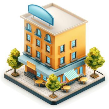 A three-story building with a restaurant and outdoor seating. png