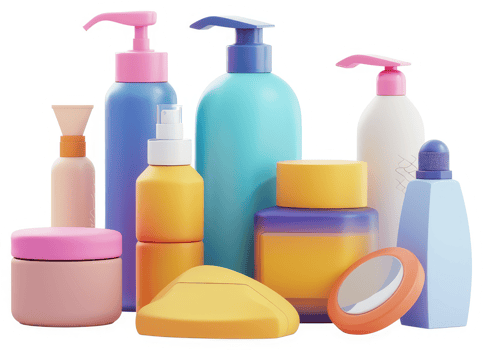 Colorful cosmetic bottles and jars arranged in a group. png