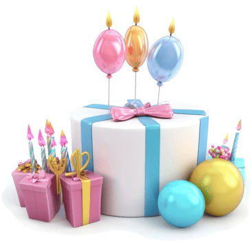 Festive birthday cake decorated with balloons, candles, and gifts. png
