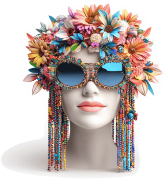 Vibrant floral headpiece and sunglasses adorn a stylized female bust. png