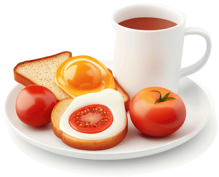 A breakfast platter featuring toast, eggs, and tomatoes. png