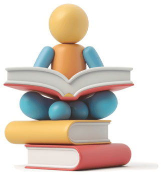 Colorful figurine engrossed in reading a book atop a stack of books. png