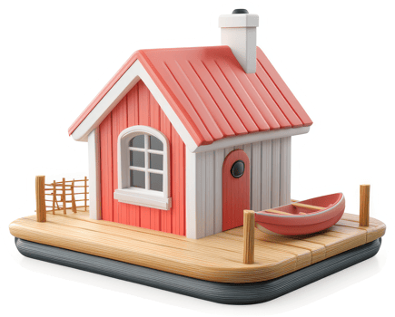Colorful, stylized model of a charming waterfront cottage. png