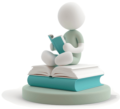 3D figurine of a person seated on stacked books reading. png