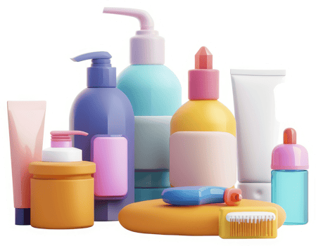 Colorful assortment of personal care products displayed in a group. png