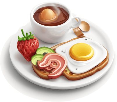 Breakfast platter with coffee, eggs, toast, and fruit. png