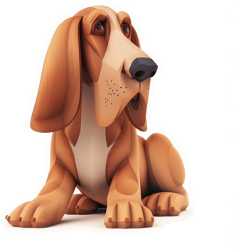 Animated basset hound in a thoughtful pose. png