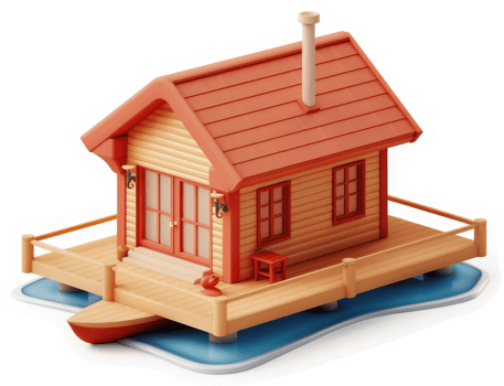 Floating wooden cabin on a miniature boat. png