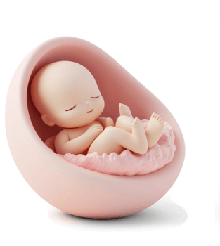 A delicate figurine of a sleeping infant in a pink cradle. png