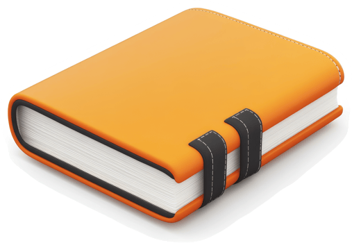 Orange book with dark binding and white pages. png