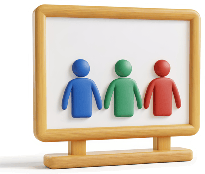 Three stylized figures displayed on a bulletin board. png