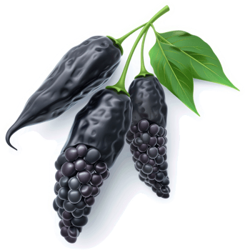 Black peppers with clusters of dark berries adorn a branch. png