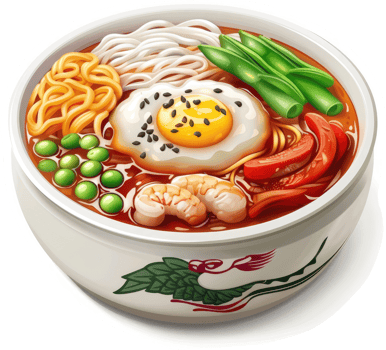 Vibrant asian noodle soup with shrimp, egg, and vegetables. png