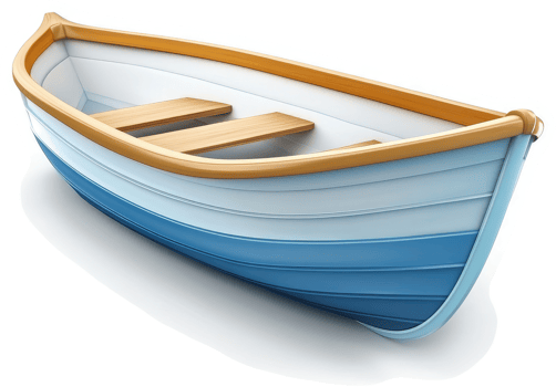 Wooden rowboat with blue and white stripes. png