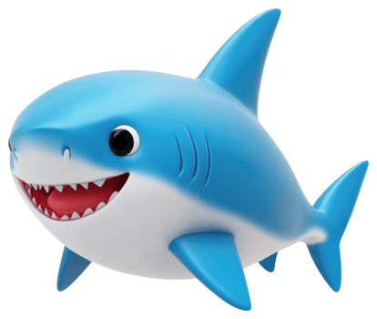 Smiling, cartoon shark, swimming in the ocean. png