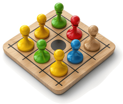 Colorful game pieces strategically positioned on a wooden game board png