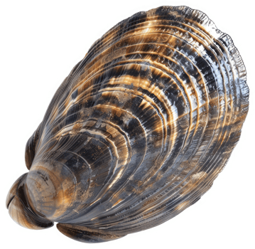 Detailed view of a dark, patterned bivalve shell. png