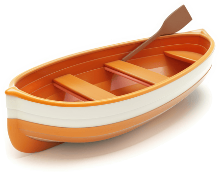 Ornate, orange and white rowboat with a wooden oar. png