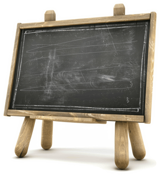 Rustic wooden easel displaying a used blackboard. png