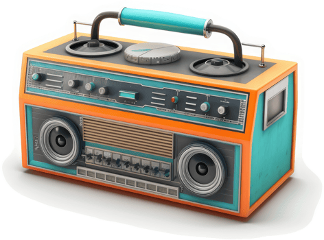 Retro orange and teal boombox radio with vintage controls. png