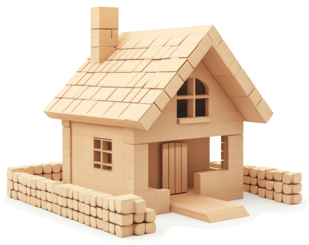 Wooden block house model with a small garden wall. png