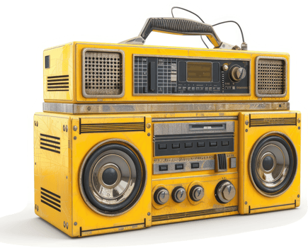 A vintage, yellow boombox showcasing retro technology. png