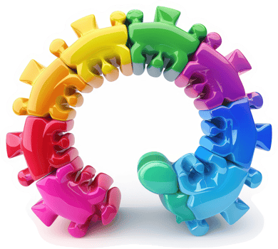 Colorful puzzle pieces form a vibrant circular design. png