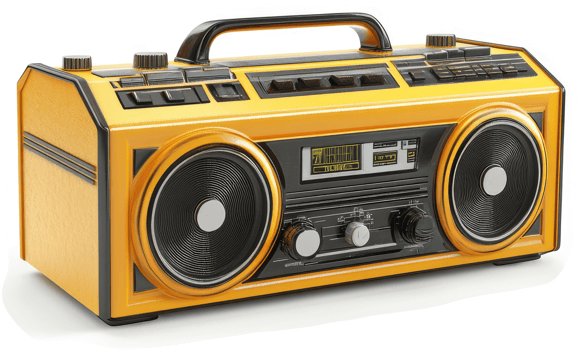 Retro orange boombox stereo with black accents. png