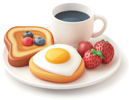 Colorful breakfast platter with toast, egg, berries, and coffee. png