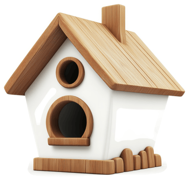 Wooden birdhouse design with white exterior. png