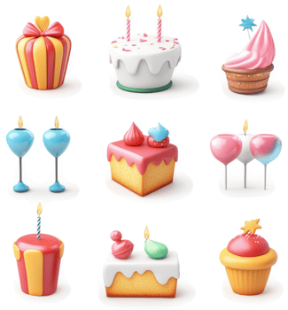 Festive birthday treats and desserts displayed in a graphic illustration. png